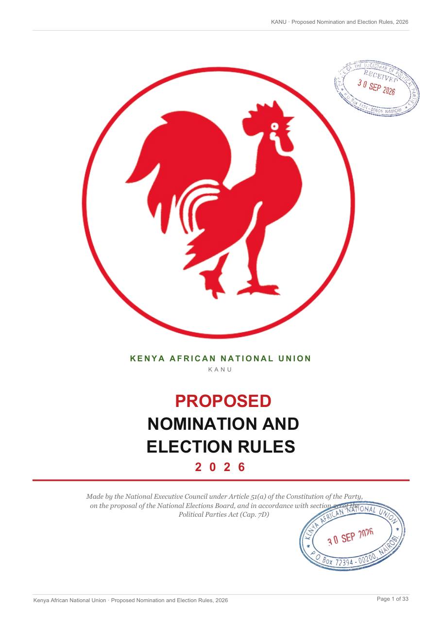 Cover — KANU Proposed Nomination and Election Rules 2026
